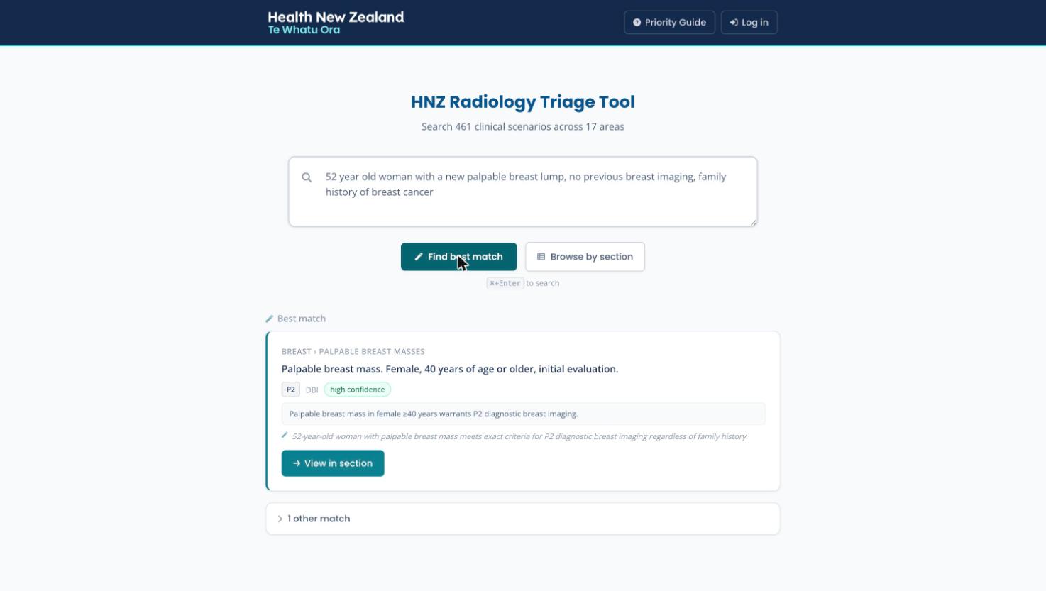 An AI best-match result for a palpable breast
          lump referral: the matched scenario with a P2 badge, high confidence tag, the
          scenario's comment, the AI's reasoning, and a View in section button.
