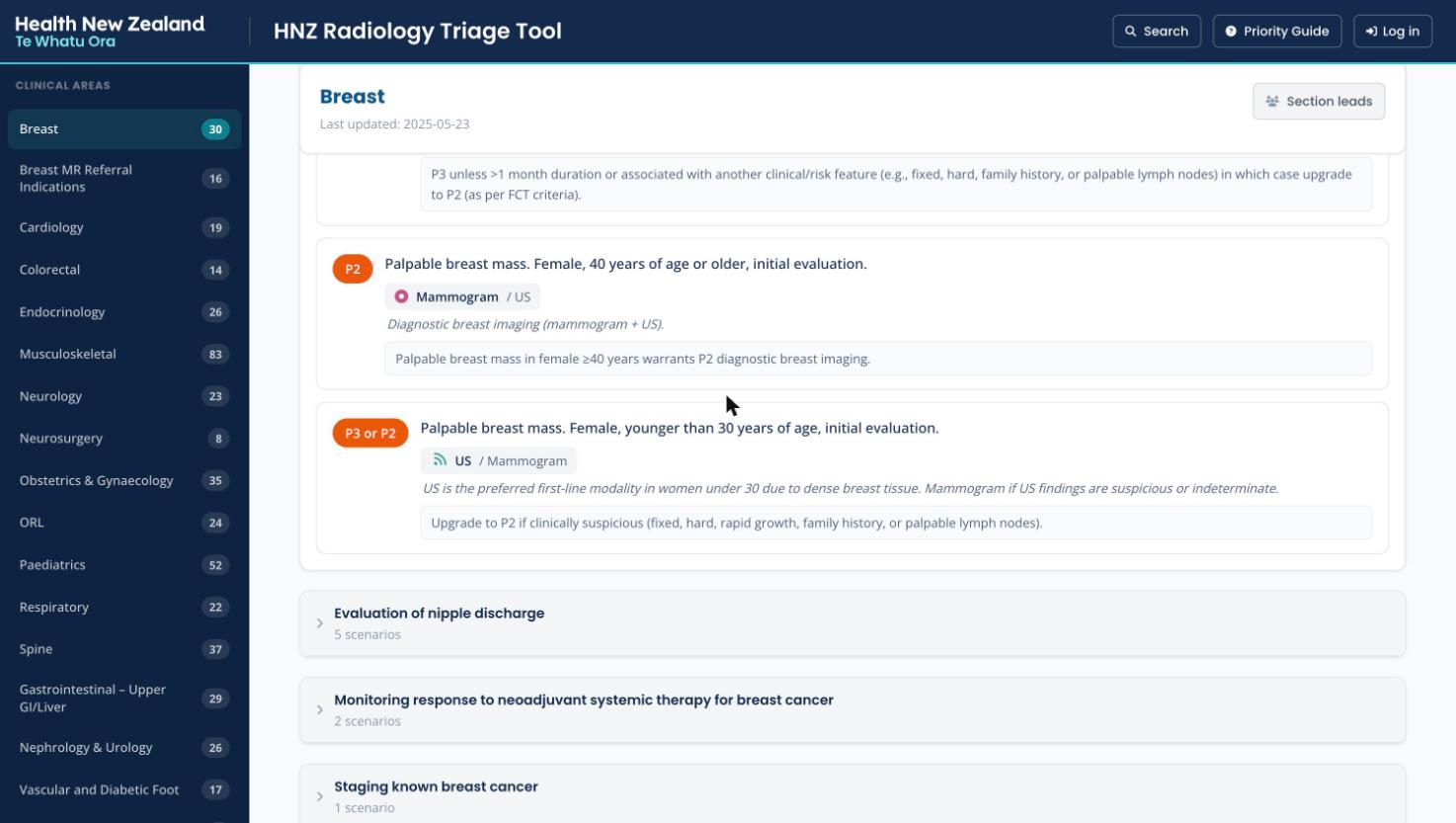 The browse view showing the Breast
            section with the Palpable breast masses subheading expanded — scenario cards
            with priority badges, modalities and comments.