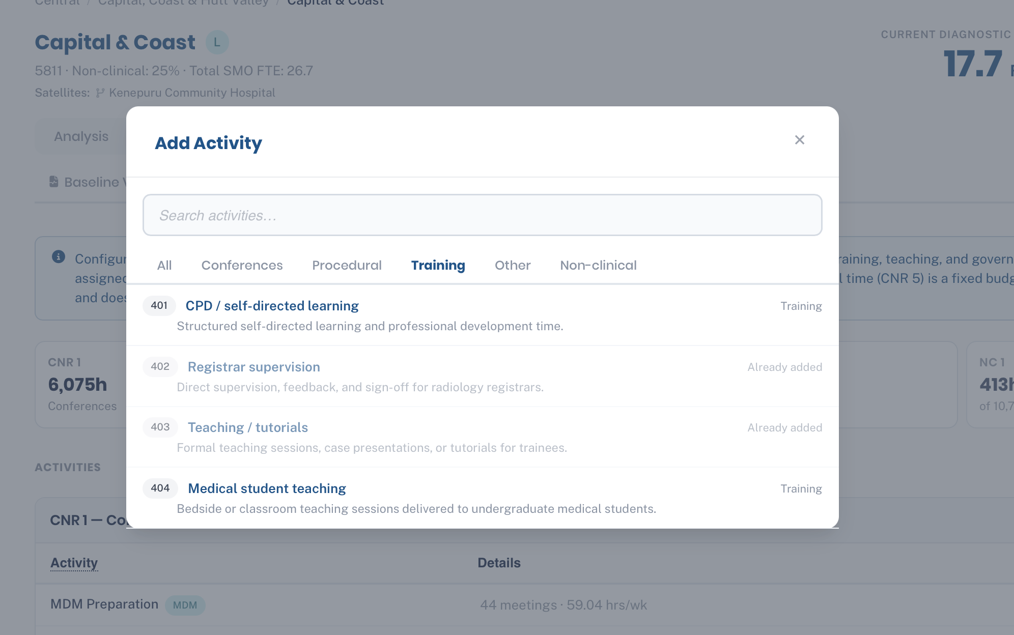 The Add Activity dialog with a search box and category
              filters, listing activities available from the shared library.